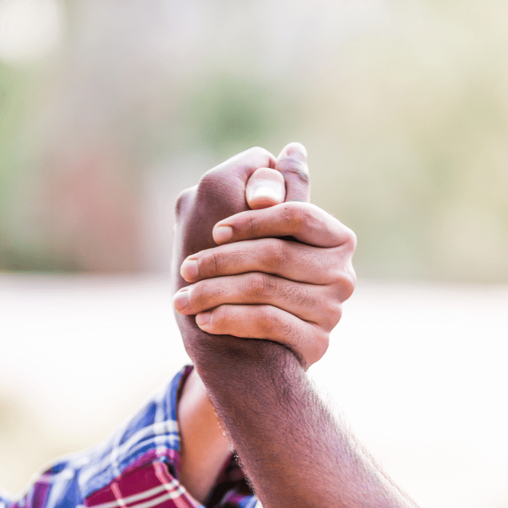Two hands gripped in an arm wrestle helping each other